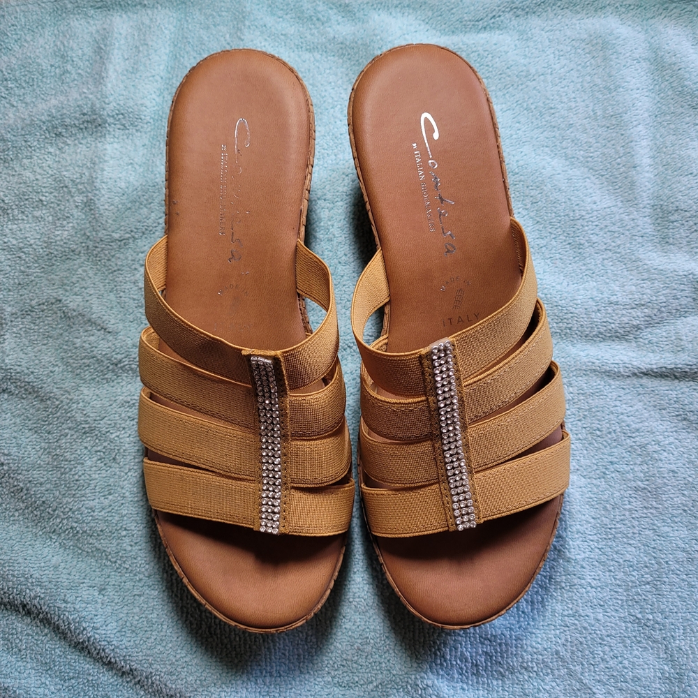 Contesa Rhinestone Strip Tan Woven Style Strap Wedge Sandals